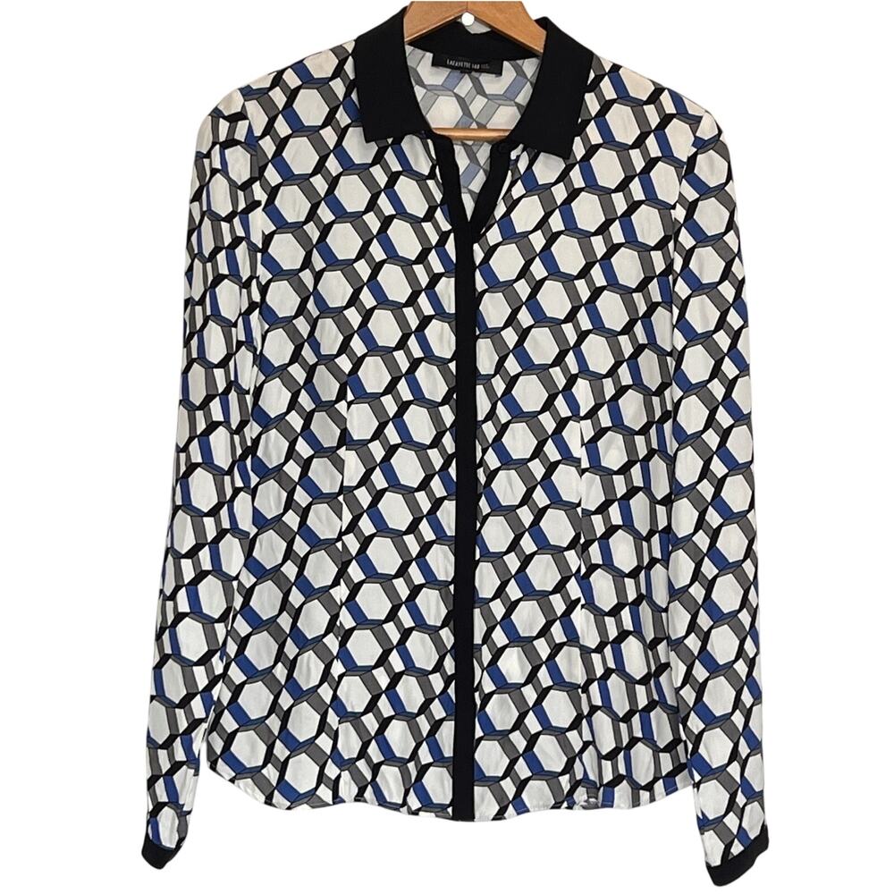 Lafayette 148 New York Blouse Size 4 Geometric Print 100% Silk Button Up Shirt